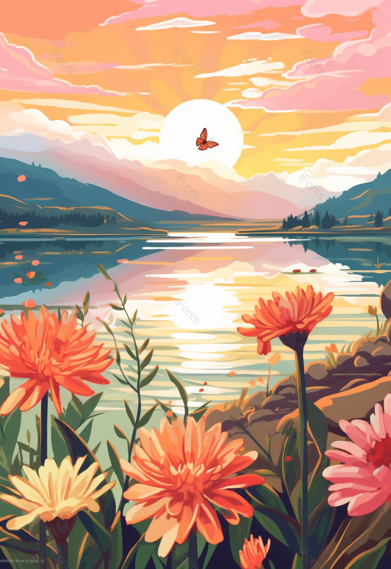 春天初夏晚霞云湖泊倒影彩蝴蝶天空飞翔花卉花朵开花背景粉色浪漫插画,插画/手绘图,插画/手绘图库,插画/手绘图下载,插画/手绘